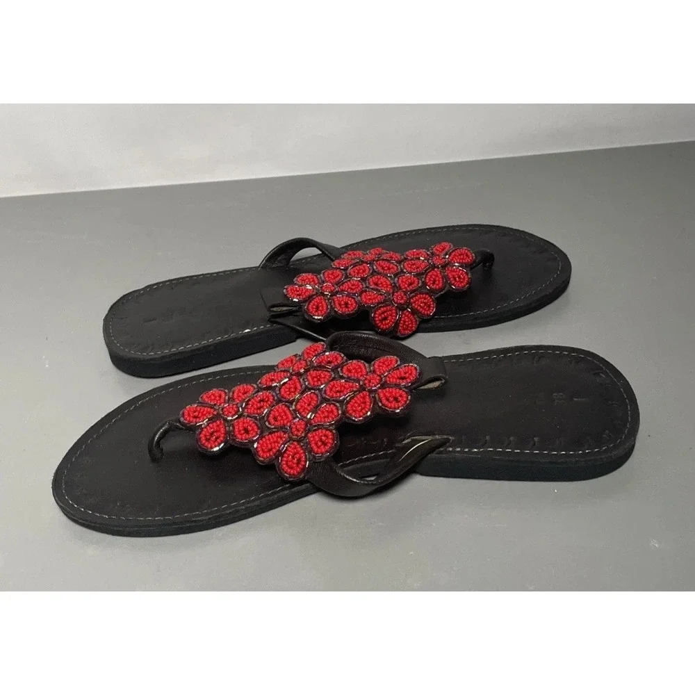 Women's Leather Beaded Flip Flops Sandals Size 7
